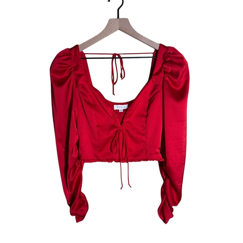MABLE coquette girl red satin like crop blouse with tie details S